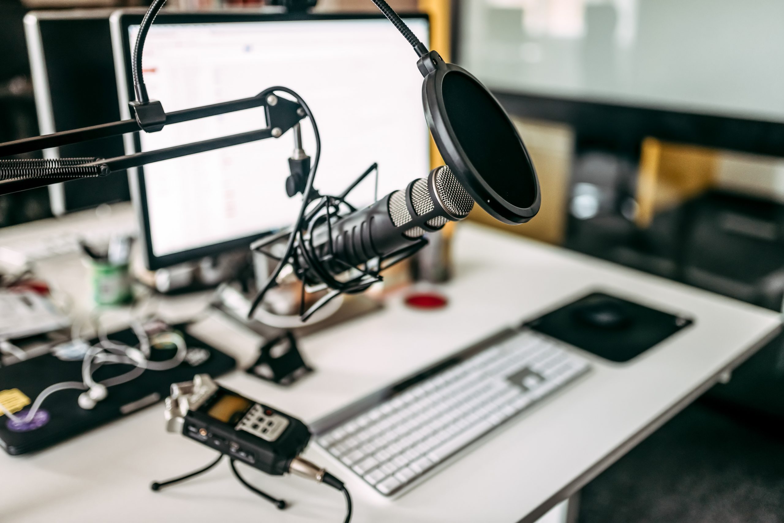 Microphone and computer in the recording studio.